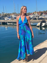 Load image into Gallery viewer, Margarita Blue Aqua Leaf Silk Dress