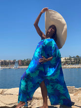 Load image into Gallery viewer, Sorrento Blue Aqua Leaf Long Silk Kaftan