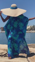 Load and play video in Gallery viewer, Sorrento Blue Aqua Leaf Long Silk Kaftan