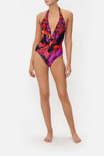 Load image into Gallery viewer, Midnight Poppy Plunge V Halter One Piece