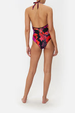 Load image into Gallery viewer, Midnight Poppy Plunge V Halter One Piece