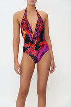 Load image into Gallery viewer, Midnight Poppy Plunge V Halter One Piece