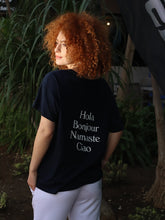 Load image into Gallery viewer, Ladies Hola, Bonjour, Namaste, Ciao  Navy T-Shirt