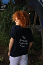 Load image into Gallery viewer, Ladies Hola, Bonjour, Namaste, Ciao  Navy T-Shirt