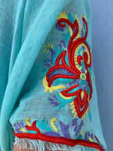 Load image into Gallery viewer, Margaux Turquoise Linen Kaftan With Hand Embroidery
