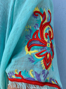 Margaux Turquoise Linen Kaftan With Hand Embroidery