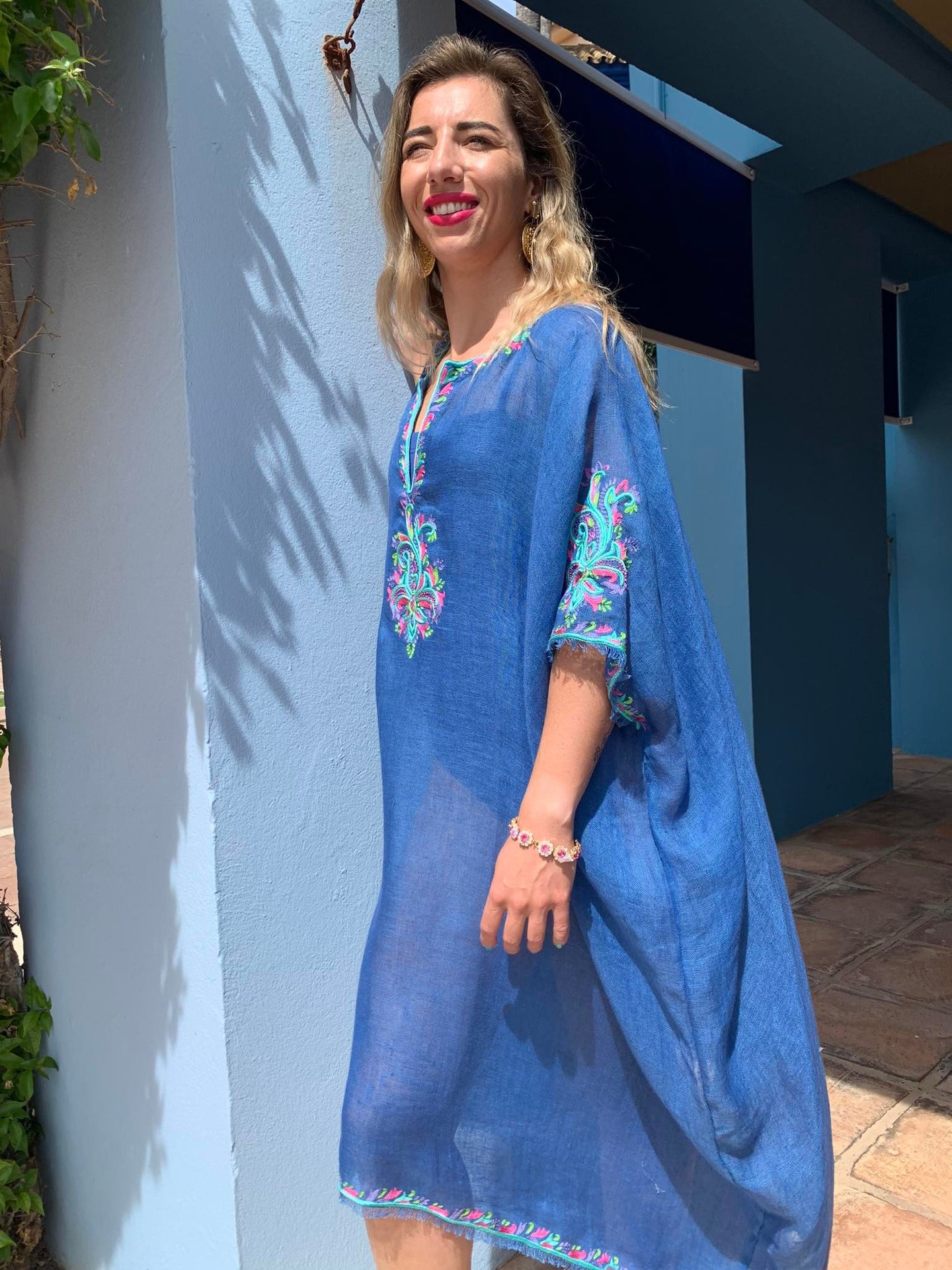 Margaux Blue Linen Kaftan With Hand Embroidery