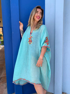 Margaux Turquoise Linen Kaftan With Hand Embroidery