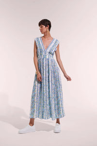 Agnus Blue Waves Flowers Long Dress