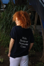Load image into Gallery viewer, Ladies Hola, Bonjour, Namaste, Ciao  Navy T-Shirt
