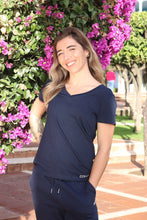 Load image into Gallery viewer, Ladies Navy Om Short Sleeve V Neck
